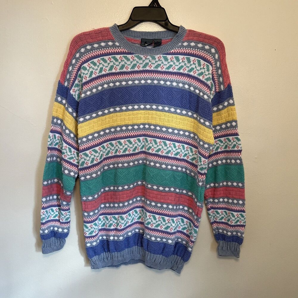 LIZWEAR Vintage 90s Pastel Fair Isle Cotton Knit Cottage Sweater, Multicolor - L